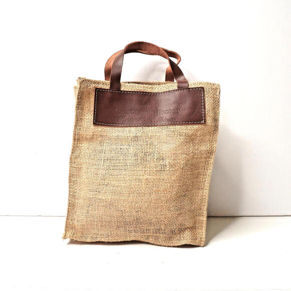 Four Seasons Punta Mita Mexico Jute Burlap Leather Tan‎ Brown Small Bag Beachy - Picture 1 of 10